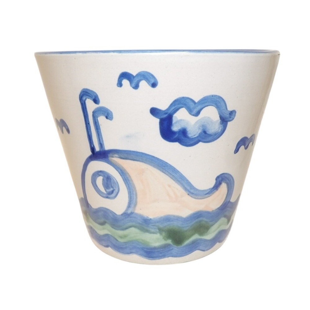 M.A. Hadley Whale Low Tide Ceramic Flower Vase Hand Painted Blue White Stoneware